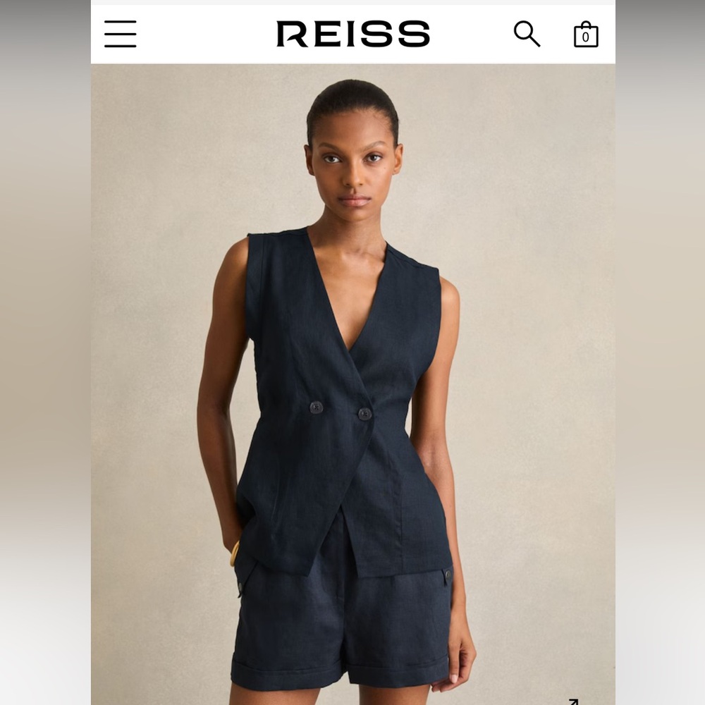 REISS WHITNEY LINEN BUTTON-FRONT WAISTCOAT IN NAVY SIZE US 10